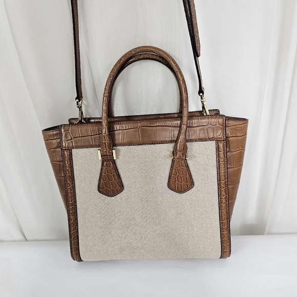 Michael Kors Colette Beige Canvas and camel brown crocodile top zip bag - Picture 5 of 9